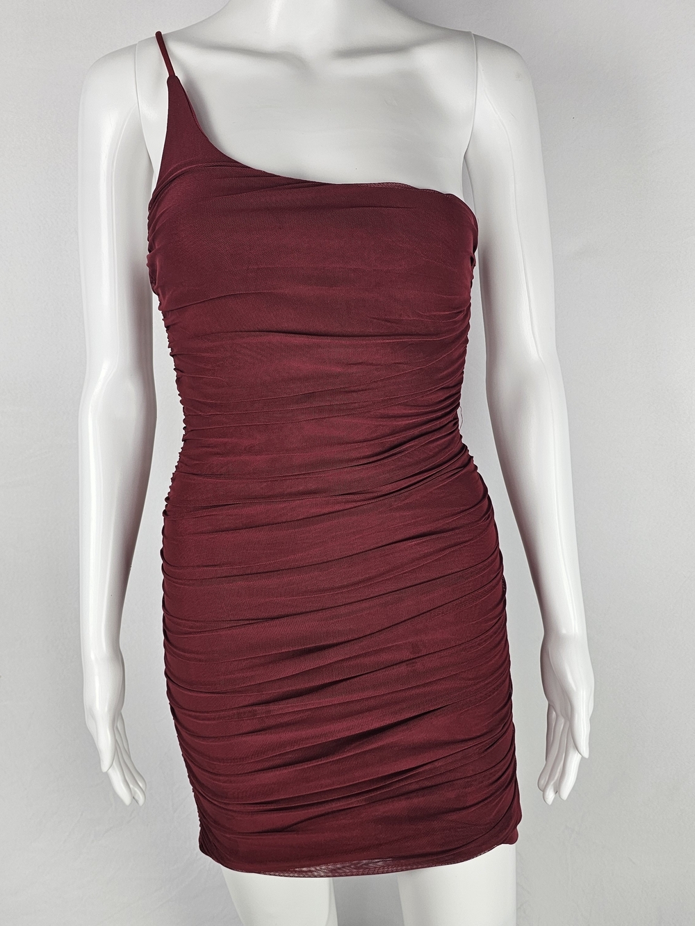 Princess Polly Burgundy One-Shoulder Ruched Mini Dress